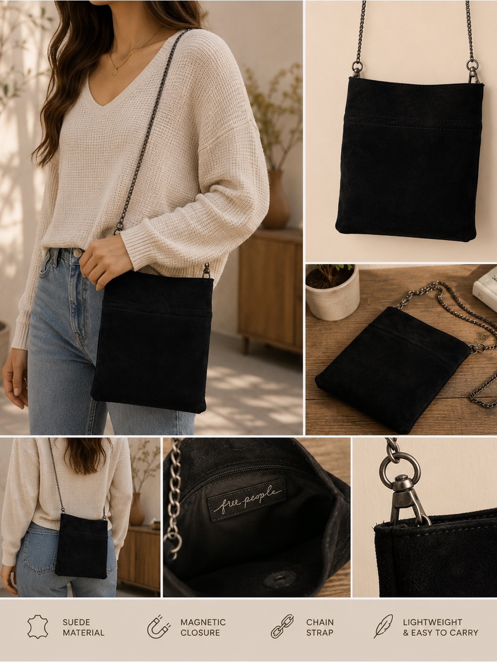 Free People Black Suede Chain Strap Crossbody Bag Boho Minimalist - Picture 2 of 10